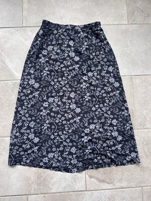 Sigrid Olsen Black Gray Floral Rayon A-Line Midi Skirt High Rise Size 8