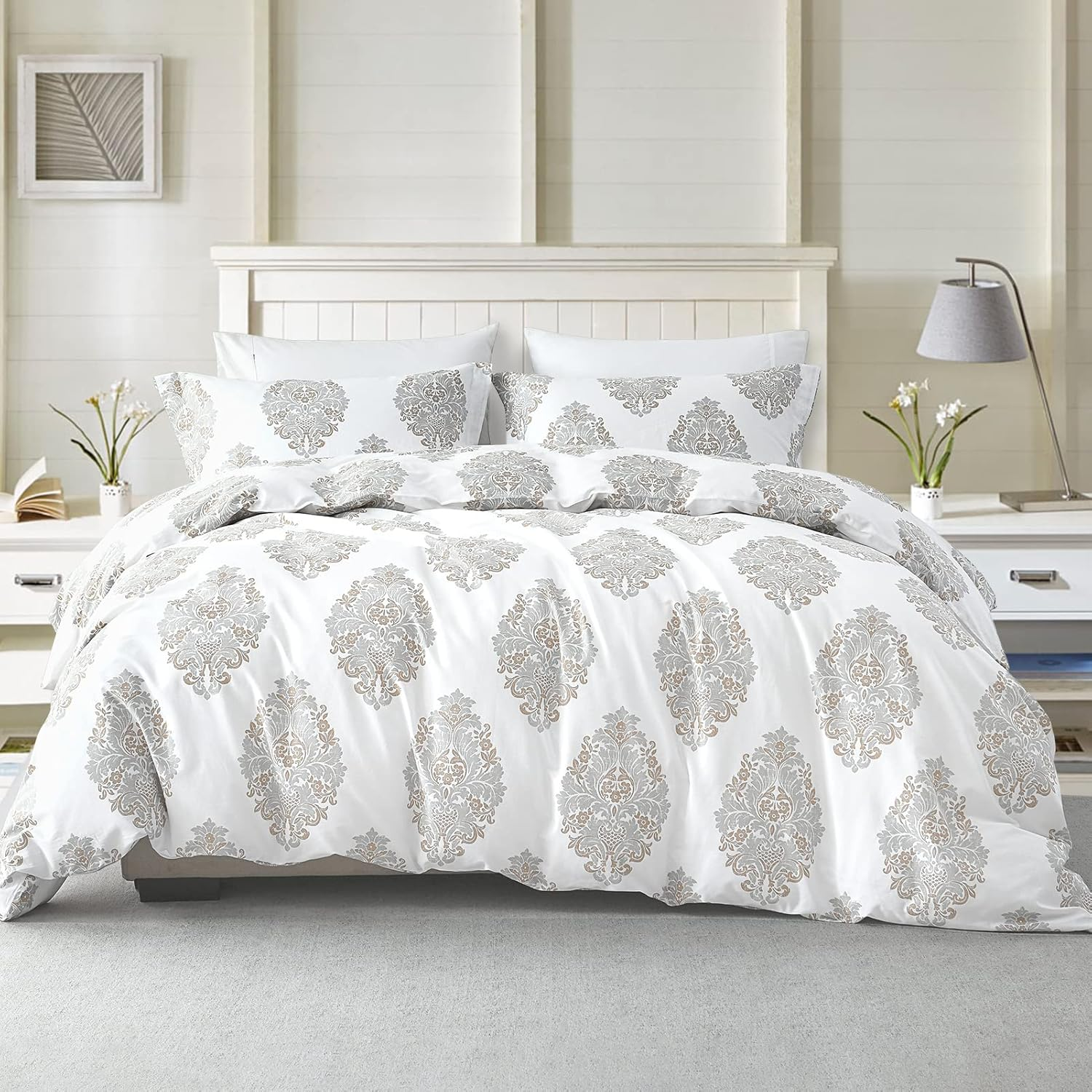 Duvet Cover Set Queen Size - 100% Cotton 400TC Washed Gray White Floral Paisley-image