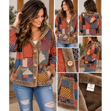 Patchwork Boho Faux Fur Lined Hooded Jacket Multi Color Button Front Parka XL