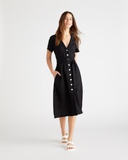 Quince 100% European Linen Button Front Dress Black Basic Sleeved M