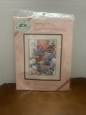 FROM THE HEART no count cross stitch kit KIM JACOBS Playful Cats 12 x 16 1988