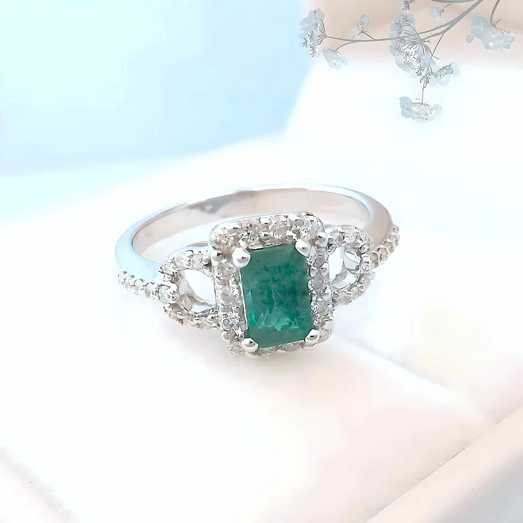 Bague de fiançailles unique cinq pierres taille émeraude saphir vert et diamants – Valley Rose