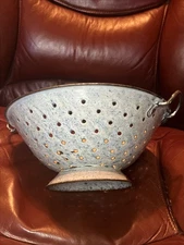 Blue Speckle Enamelware Strainer Antique  Colander Farm Decor
