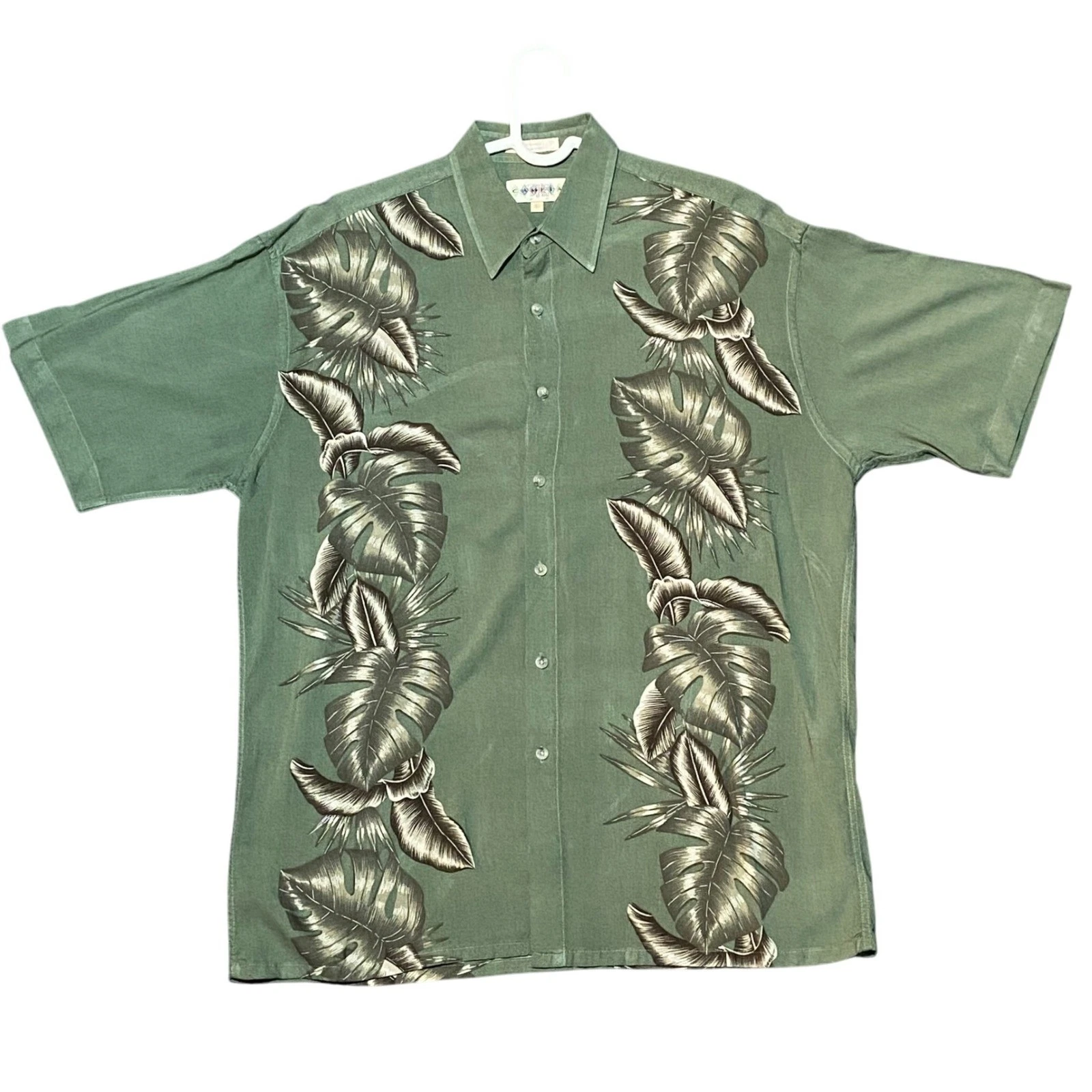 Campia Moda Mens LARGE Green Tropical Leaf Print Short Sleeve Button Up Shirt