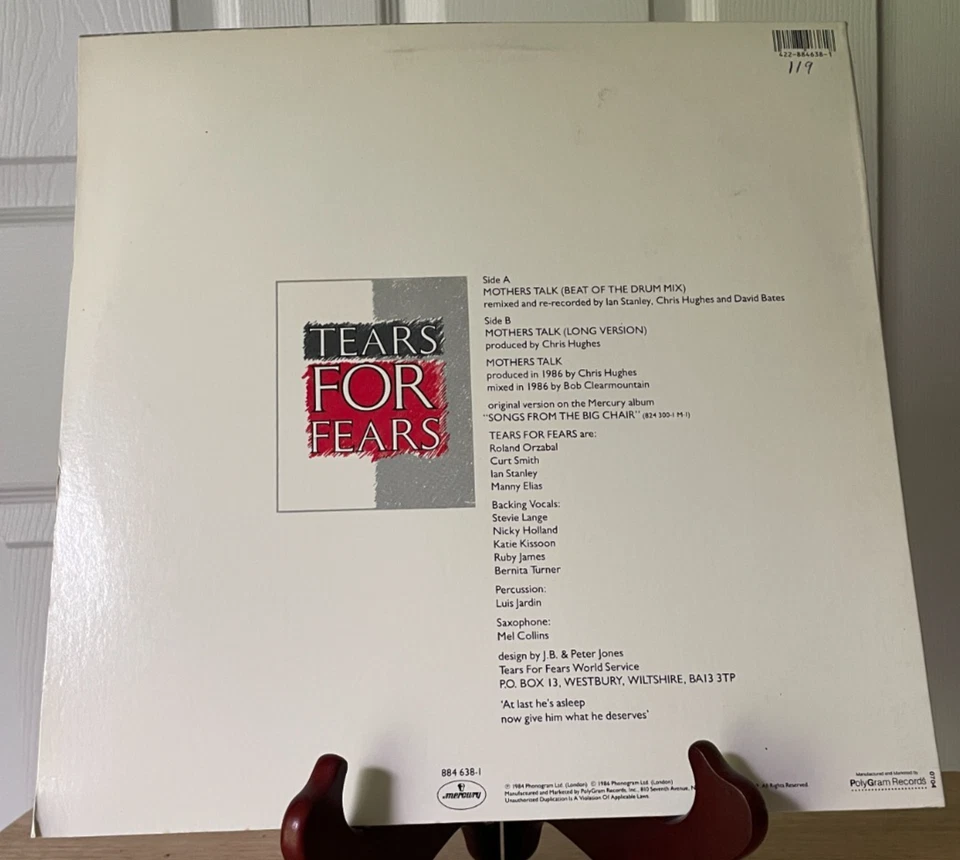 TEARS FOR FEARS - MOTHERS TALK (BEAT OF THE DRUM MIX)  MERCURY 884 638-1, 12",EX - Image 2 of 4