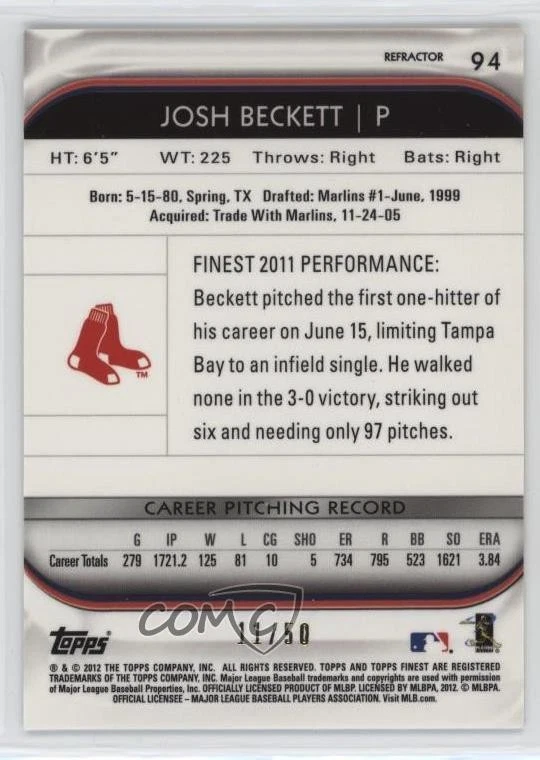 2012 Topps Finest Gold Refractor /50 Josh Beckett #94 - Image 2 of 2