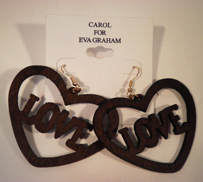 Laser Cut Wood Love Heart Earrings Dangle Pierced Carol For Eva Graham Goldtone