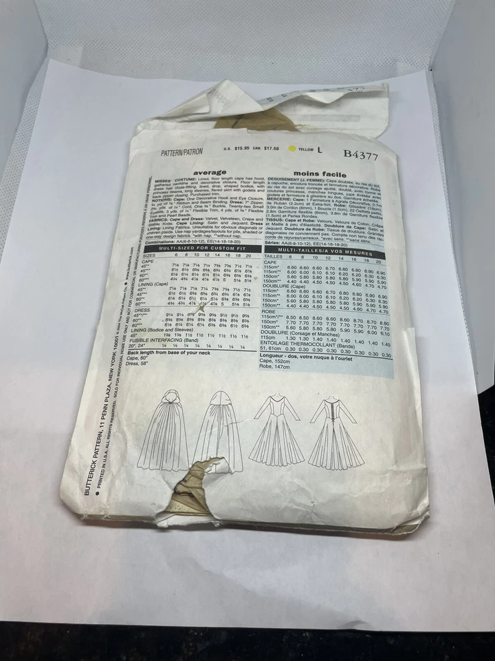 Butterick B4377 Sewing Pattern Misses Costume Dress Cape Sz 6-8-10-12 UNCUT 80s - Image 2 of 2