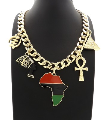 PYRAMID, NEFERTITI, ANKH, AFRICA, GYE NYAM, SEKHMET & 11mm 18'' Cuban Link Chain