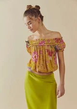 Free People FP One Suki Blouse Top Off The Shoulder Smocked Printed S NEW 262037