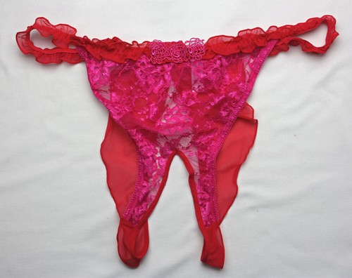 Pink Lace and Red Mesh Crotchless Panties by Cacique - Size 22 / 24