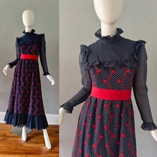 Vintage 70s Navy Prairie Victorian Cottagecore Maxi Dress XS