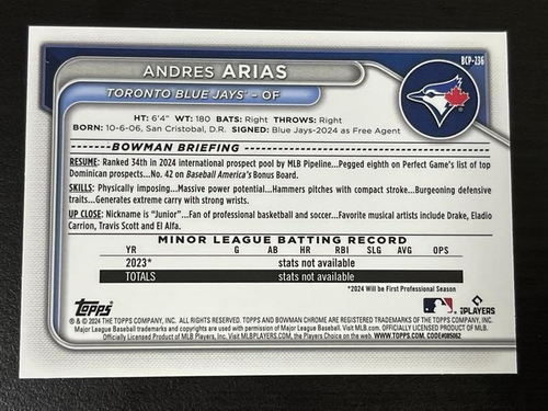 2024 BOWMAN CHROME ANDRES ARIAS 234/250 PURPLE SHIMMER 1° BCP-236! SC-562 - Foto 2 di 2