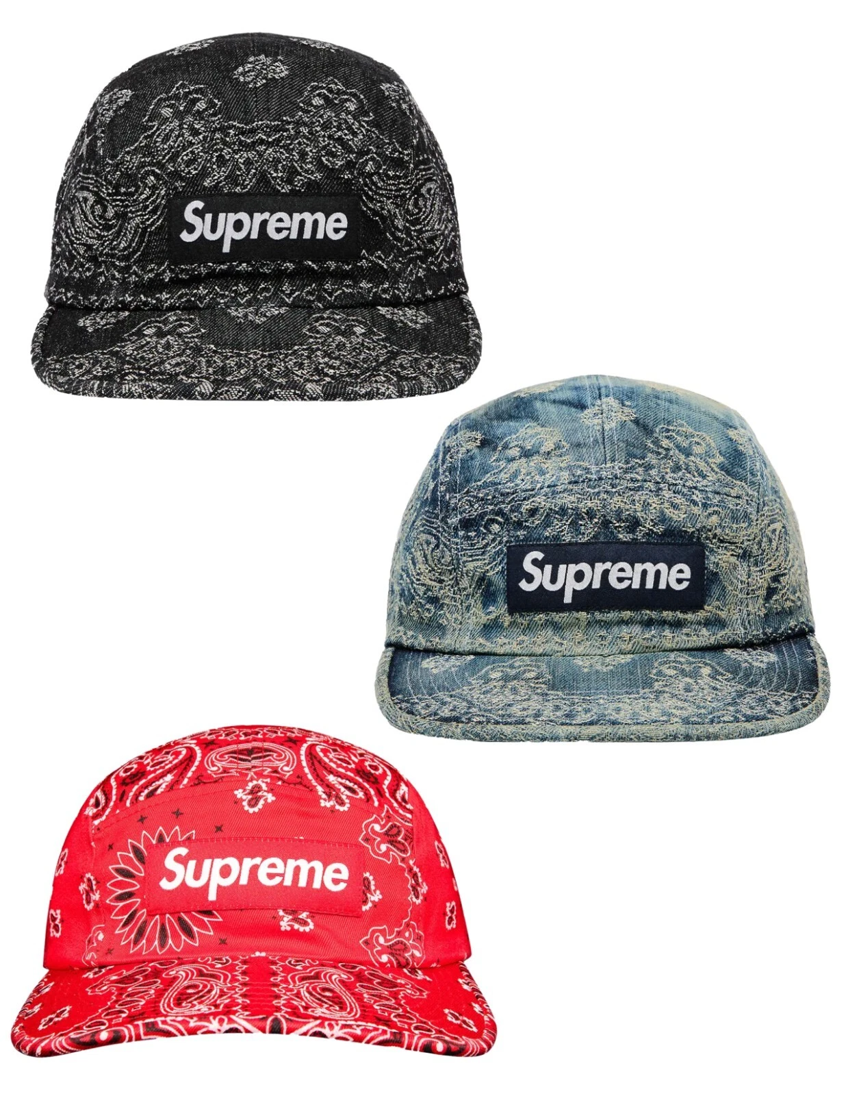 Casquette de camp en jean jacquard Supreme Bandana noir bleu rouge taille réglable