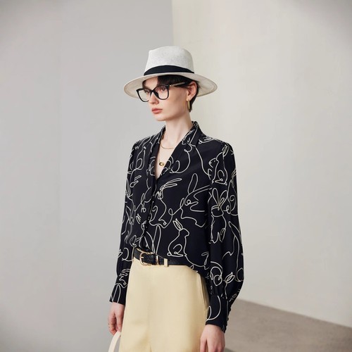 Silk Shirt Women's New Printed V-Neck Long Sleeve 100% Mulberry Silk Top Blouses - Picture 4 of 25