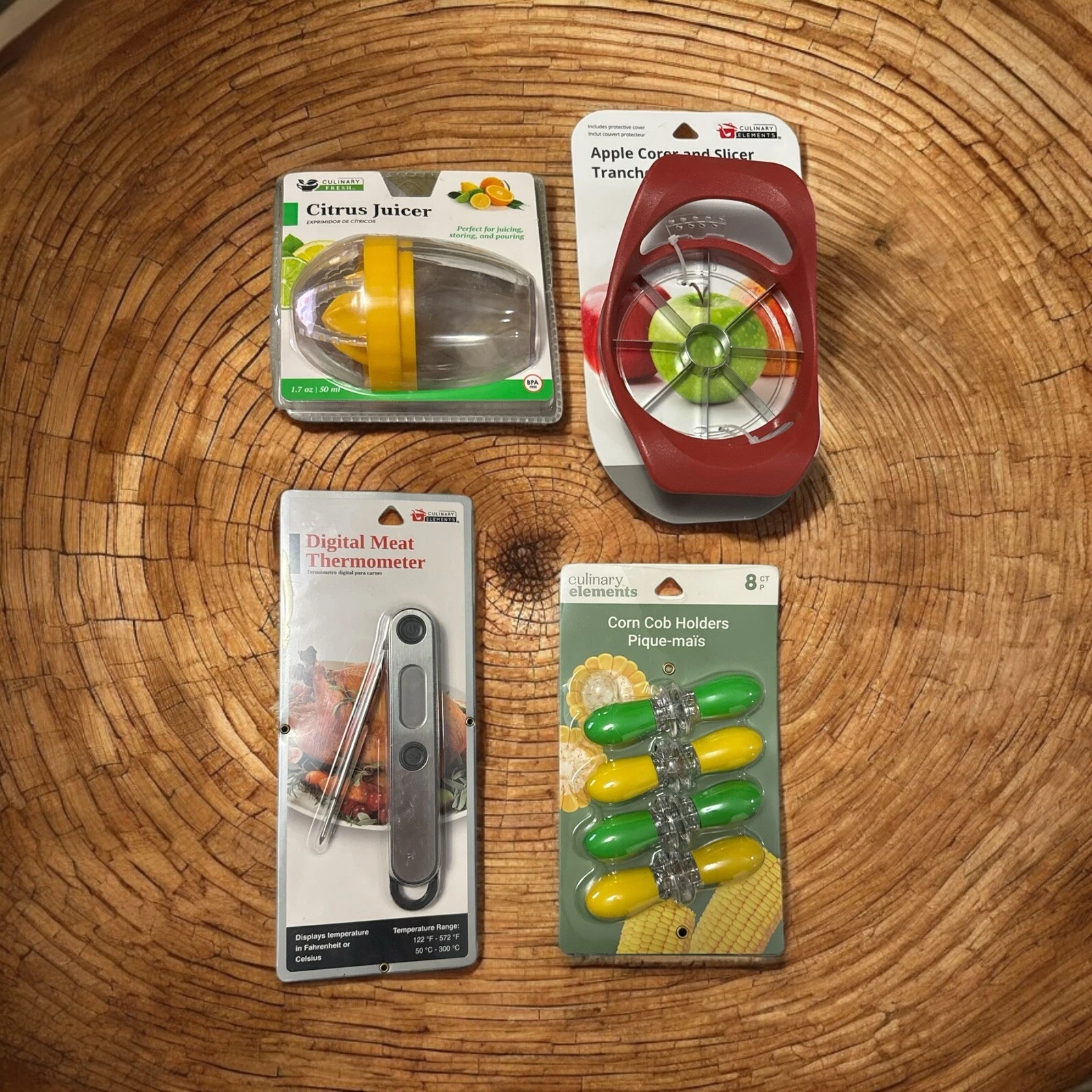 Set Of 4 Kitchen Utensils Corn Holders/meat Therm/juicer/apple Slicer