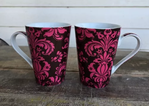 SET of 2 Konitz PINK PAISLEY PORCELAIN  14oz Coffee Cups Pink/Brown/White EUC