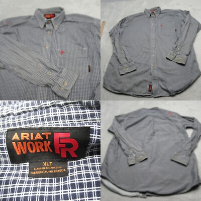 Ariat FR Work Shirt Mens XLT Blue Cream Plaid Flame Resistant Work Button Down