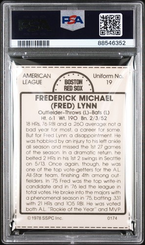 PSA 8 FRED LYNN 1978 SSPC ALL-STAR GALLERY 174 HAND CUT GRADED NM-MT *TPHLC-6352 - Picture 2 of 2