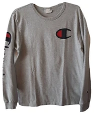 Vintage Champion Tee Mens Size Medium Long Sleeve Big C Logo Spelled Out Grey c1