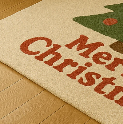 Merry Christmas Tree Wool Rug Hand Tufted Festive Carpet with Red Green & Beige - Image 4 of 4