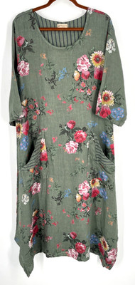 100% Pure Linen made in Italy womens L Floral green Dress pockets asymmetric hem