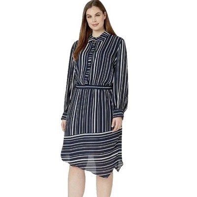 Vince Camuto Navy and White Striped Long Sleeve Dress
