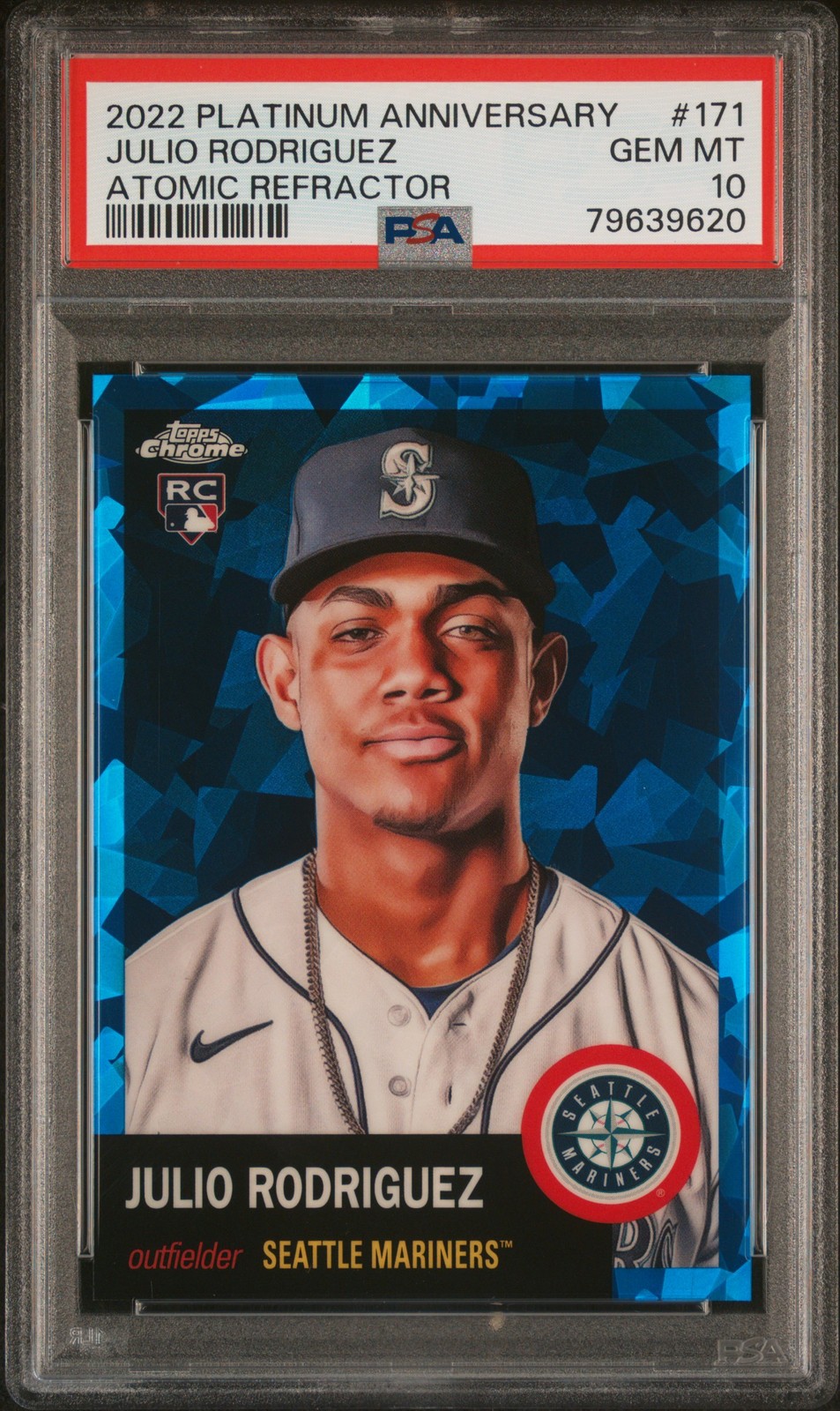 2022 Topps Chrome PlatAnni #171 Julio Rodriguez Blue Atomic Refractor PSA 10 view 1