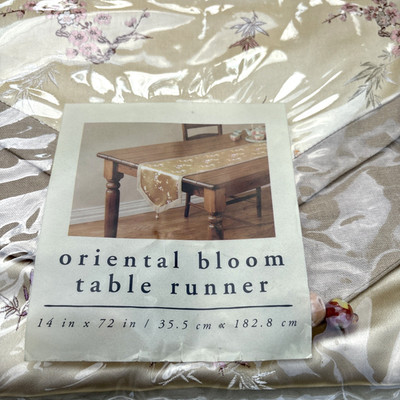 New Oriental Bloom Dining Table Runner Pier One - Tan w/Pink Flowers 14x72 in