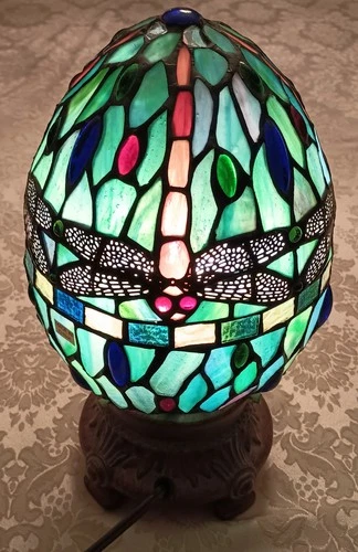 Tiffany Dragonfly Motif Egg-Shaped Stained Glass Accent Lamp 1990s Vintage