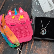 Girls Unicorn Crescent Moon Charm Necklace with pastel Stones pocketbook Easter