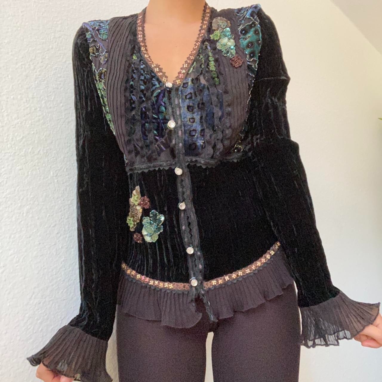 vintage 90s Alberto Makali black sequined beaded velvet jacket w ruffled sleeves