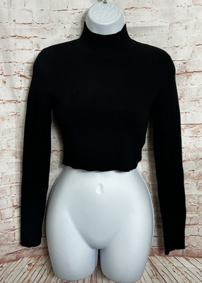 Divided By H&M Black Ribbed Crop Sweater Sz M Fitted Minimalist Mock Neck Top
