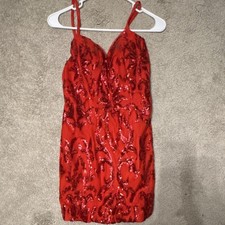 Weinaze Red Sequin Sleeveless Mini Dress V-Neck Mesh Short Length Regular Size 8