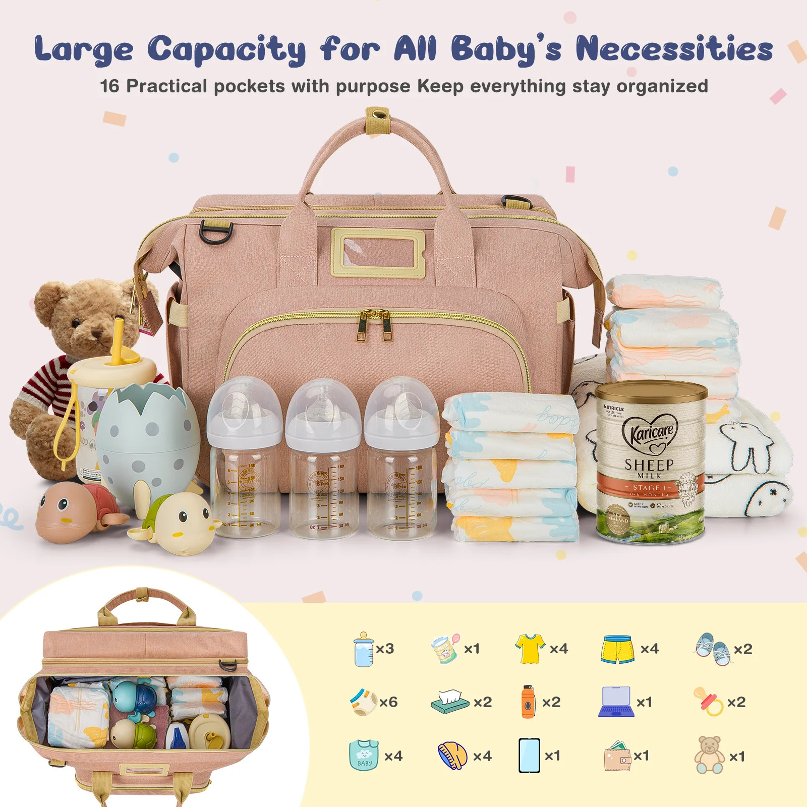 Diaper Bag Tote, Multifunctional Baby Changing Bag with Insulated Milk Bottle Po