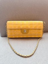 Chanel Long Flap Crossbody Bag Yellow Chocolate Bar Jacquard Canvas Authentic