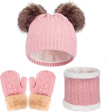 Kids Winter Hat Scarf Gloves Set Girls Knit Beanie with Pom Pom