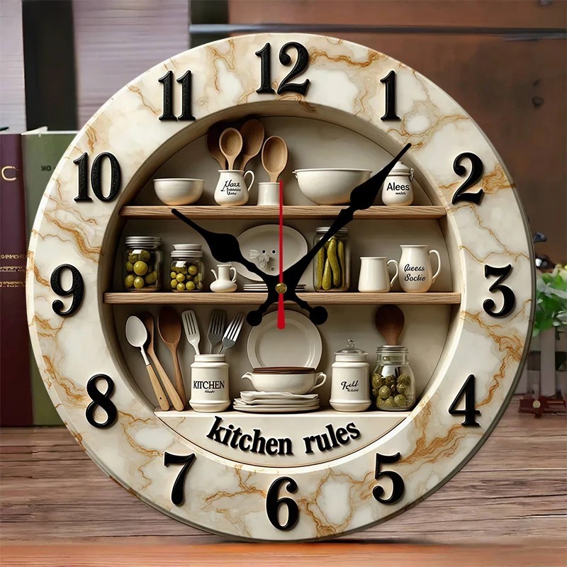 2D Flat Kitchen Rules Wooden Wall Clock Silent Quartz Decor