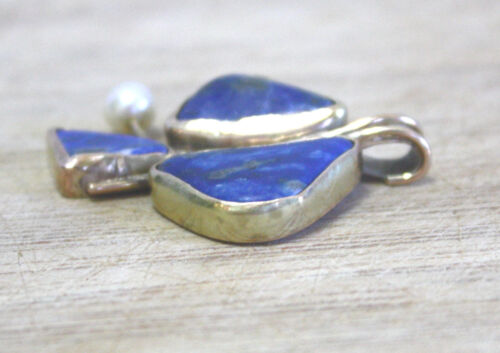 Large Handmade Natural Lapis Lazuli and Pearl Pendant Solid 10K Yellow Gold - Picture 9 of 10