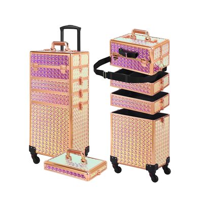 Rolling Makeup Case, Makeup Train Case with Lid, 5 in 1 Cosmetology Case on W...