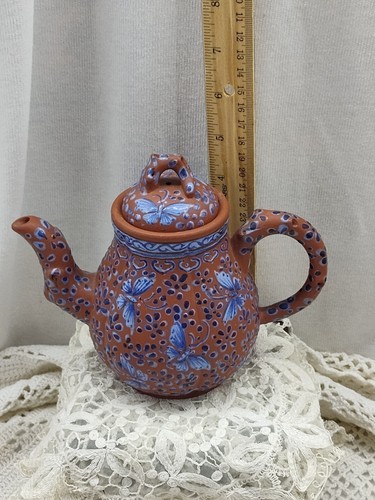 Vintage terra Cotta Clay Chinese Enamel Vixing Teapot marked & Butterflies - Picture 3 of 18