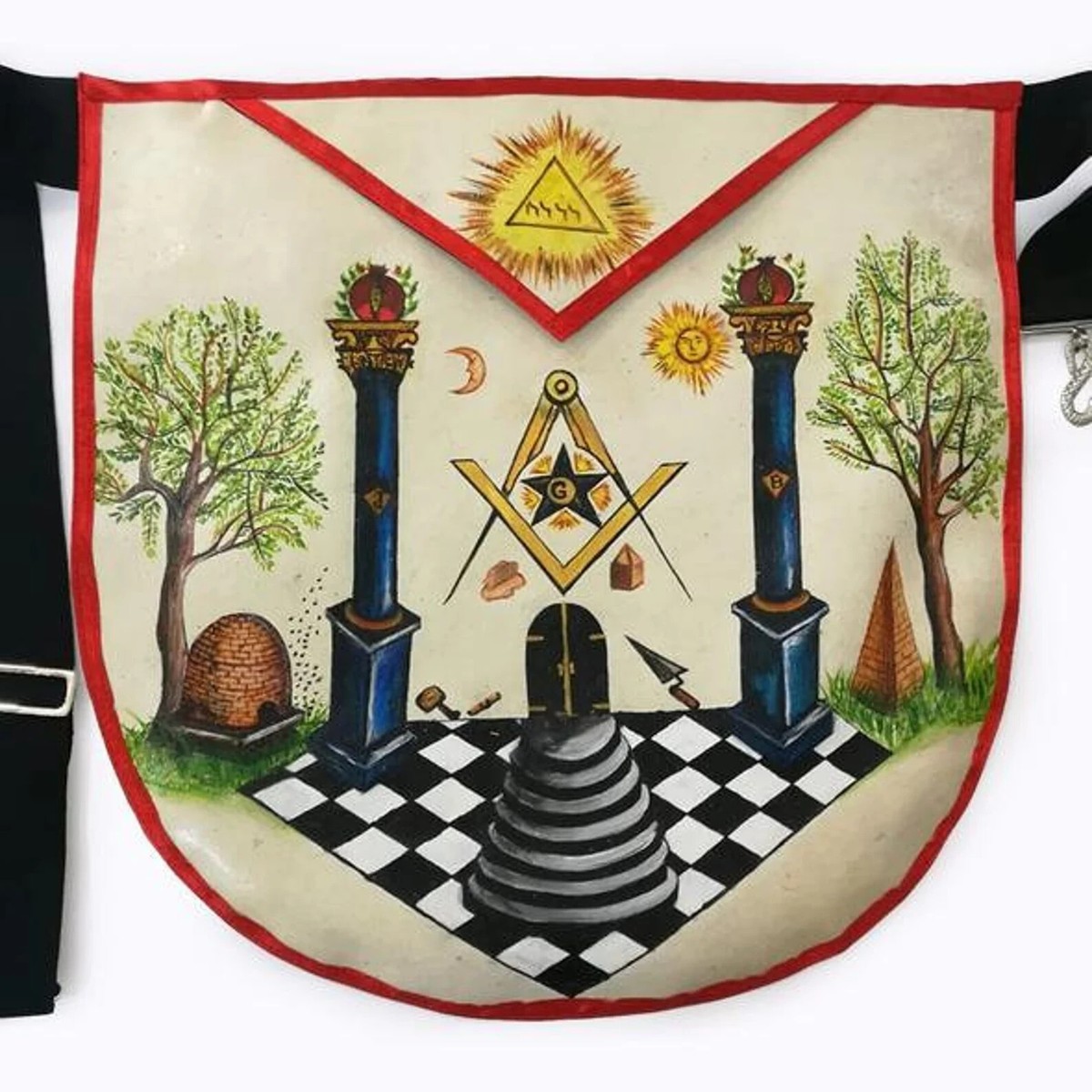 The Two Pillars of Jachin and Boaz Hand-Painted Masonic Lambskin