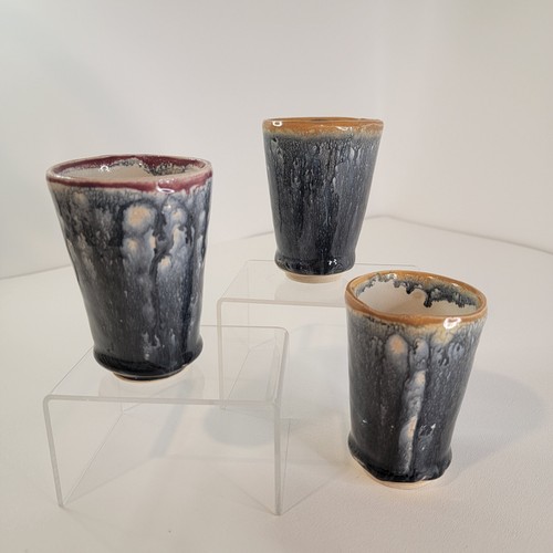 Set of 3 Blue Drip Glaze Pottery Blue Tan Maroon Tumblers Cups Signed Studio Art - Picture 2 of 5