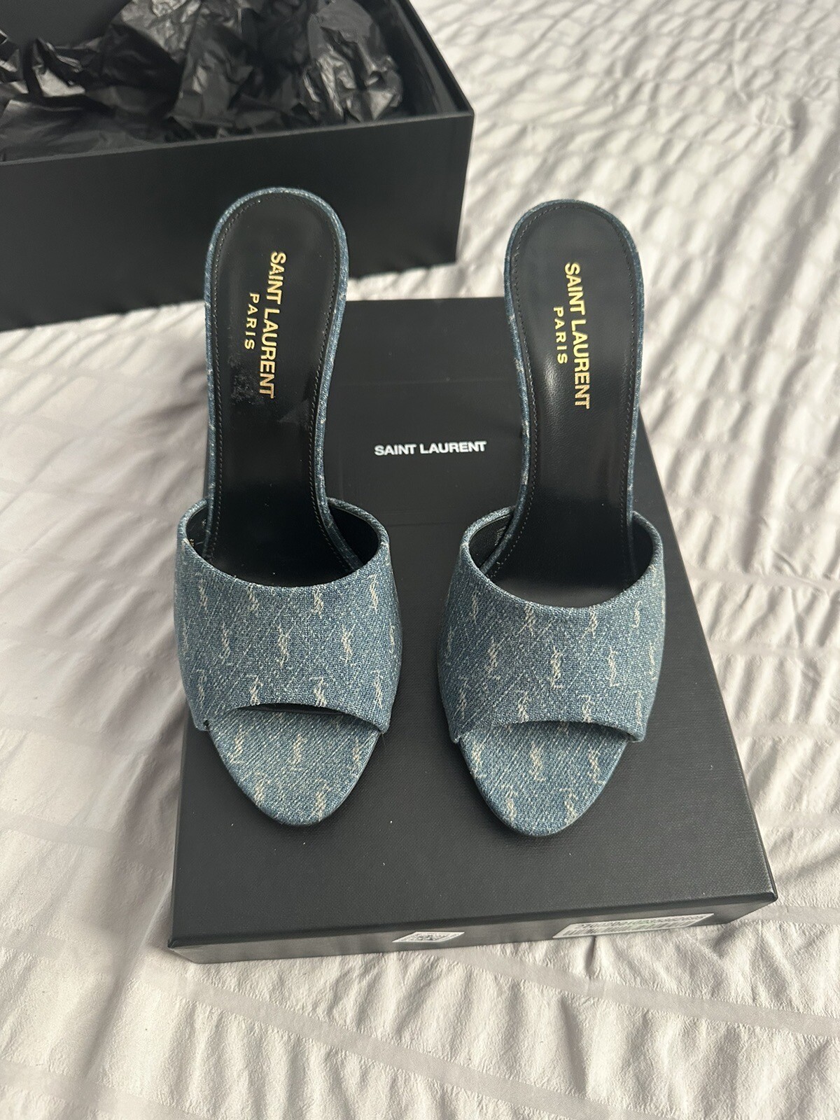 Muli tacco alto Saint Laurent La 16 Cassandre denim YSL EU 38 5 US 8 5