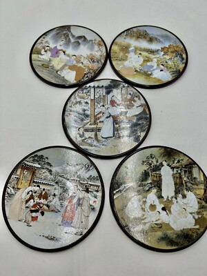 Vintage Coasters Set Of 5 Different Asian Designs Cork Back Kim Jong Rae Korea