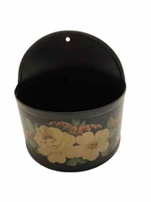 Vintage Toleware Tole Wall Pocket Black Creamy White Flowers 6.75” x 6.5”x 3.25”