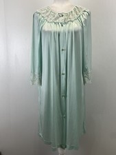 Vintage Gilead Nylon Midi Robe Sz Medium VGUC Lace Trim Full Button Blue