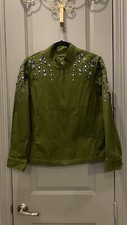 Bob Mackie Wearable Art Jacket Embellished Gems Full Zip, Dark Green, M, Nwt
