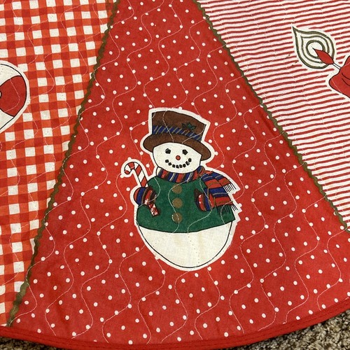 Vintage 32" Quilted Fabric Christmas Tree Skirt Red Gingham Polka Dot - Picture 7 of 11