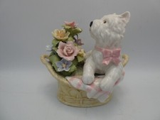 ROYAL ALBERT CLOCKWORK MUSICAL CHINA POTTERY TERRIER DOG FLOWER BASKET STATUE